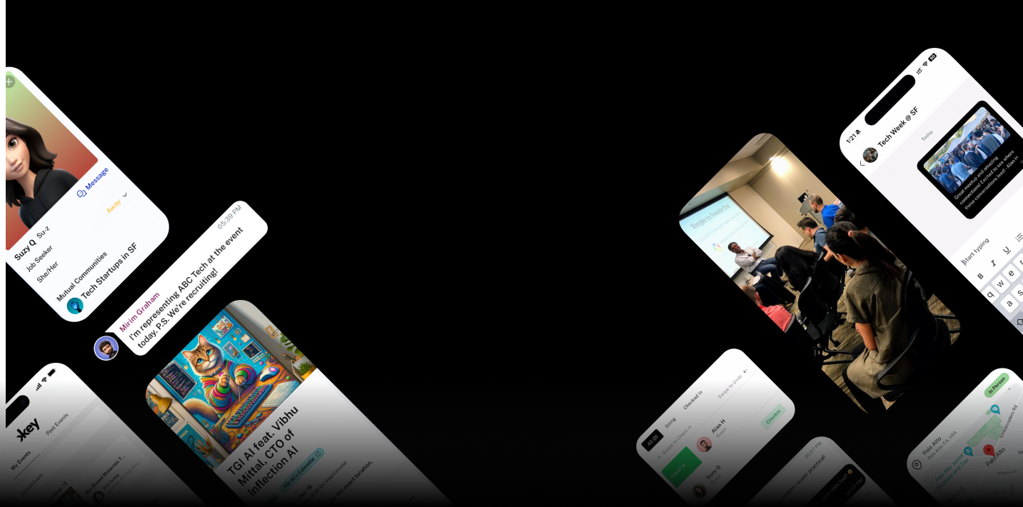 Various mobile app screens showcasing Key.ai's features, including user profiles, maps, messaging, and event feeds.